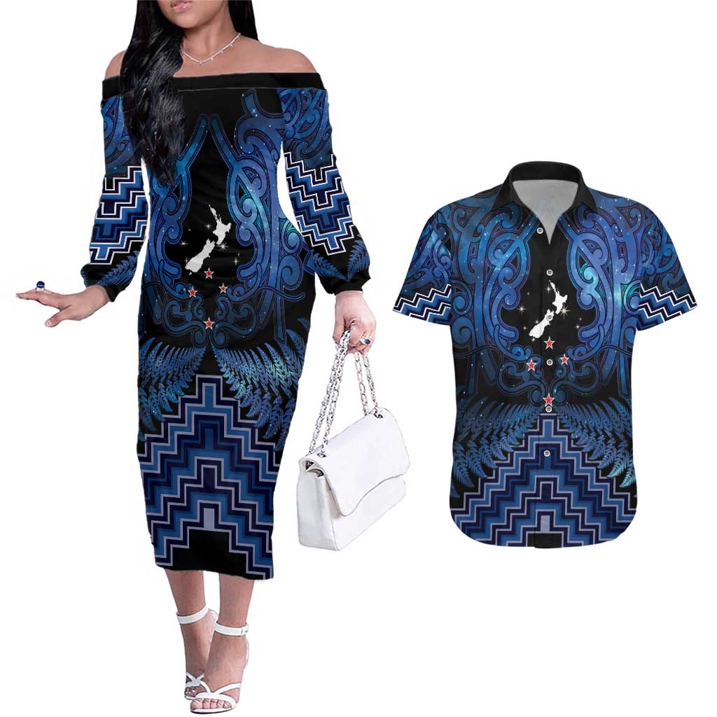 Personalised Aotearoa Matariki Couples Matching Off The Shoulder Long Sleeve Dress and Hawaiian Shirt Blue Fern Maori Poutama LT01 Blue - Polynesian Pride