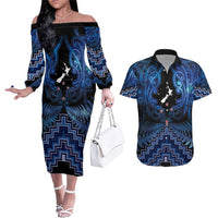 Personalised Aotearoa Matariki Couples Matching Off The Shoulder Long Sleeve Dress and Hawaiian Shirt Blue Fern Maori Poutama LT01 Blue - Polynesian Pride