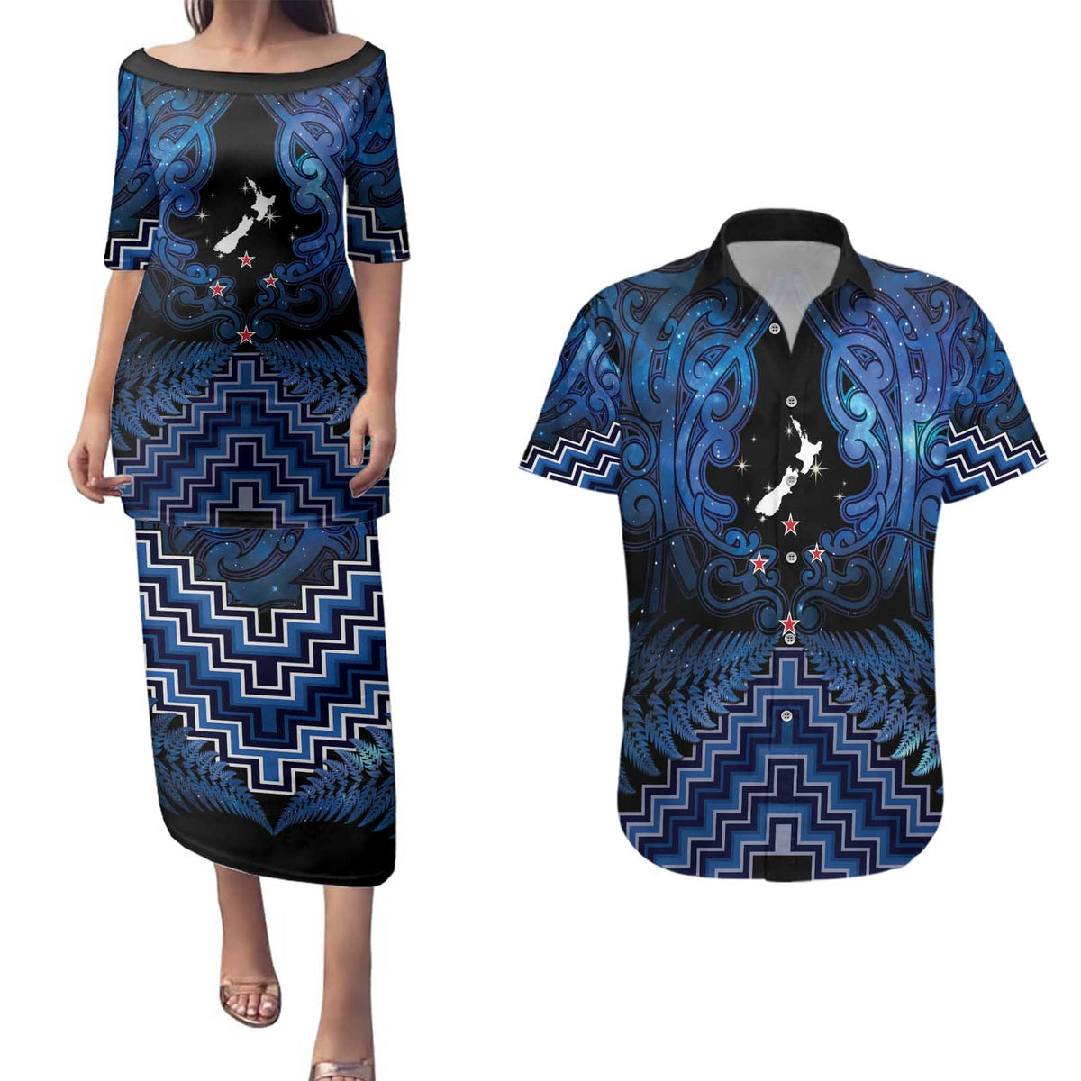 Personalised Aotearoa Matariki Couples Matching Puletasi and Hawaiian Shirt Blue Fern Maori Poutama LT01 Blue - Polynesian Pride