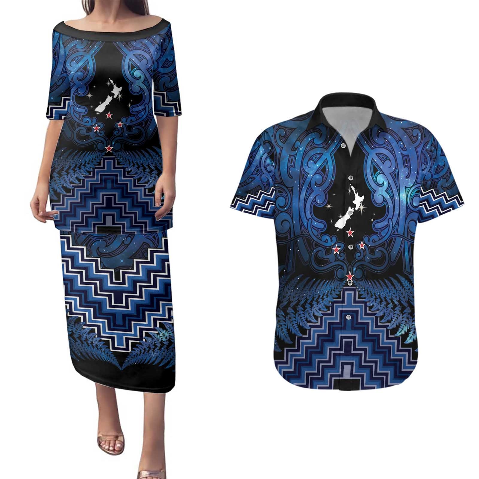 Personalised Aotearoa Matariki Couples Matching Puletasi and Hawaiian Shirt Blue Fern Maori Poutama