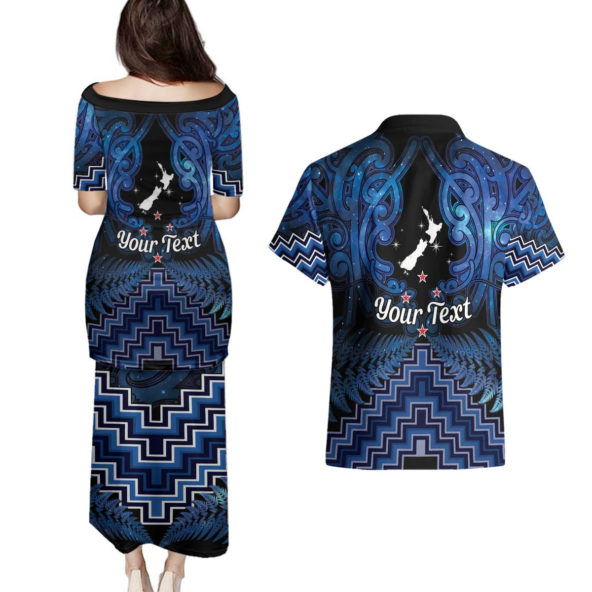 Personalised Aotearoa Matariki Couples Matching Puletasi and Hawaiian Shirt Blue Fern Maori Poutama LT01 - Polynesian Pride