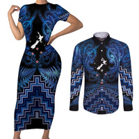 Personalised Aotearoa Matariki Couples Matching Short Sleeve Bodycon Dress and Long Sleeve Button Shirt Blue Fern Maori Poutama LT01 Blue - Polynesian Pride