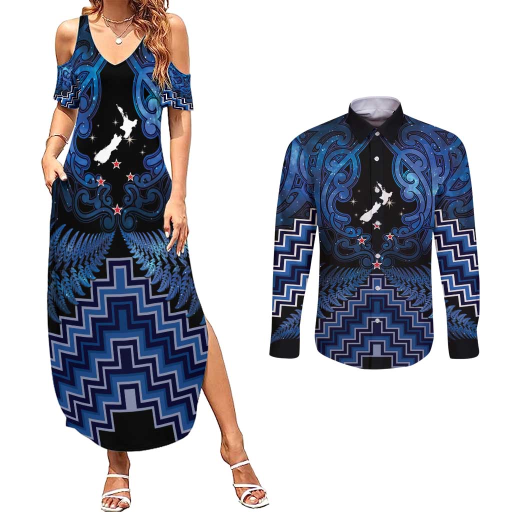 Personalised Aotearoa Matariki Couples Matching Summer Maxi Dress and Long Sleeve Button Shirt Blue Fern Maori Poutama LT01 Blue - Polynesian Pride