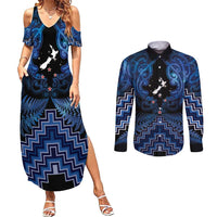 Personalised Aotearoa Matariki Couples Matching Summer Maxi Dress and Long Sleeve Button Shirt Blue Fern Maori Poutama LT01 Blue - Polynesian Pride