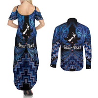 Personalised Aotearoa Matariki Couples Matching Summer Maxi Dress and Long Sleeve Button Shirt Blue Fern Maori Poutama LT01 - Polynesian Pride