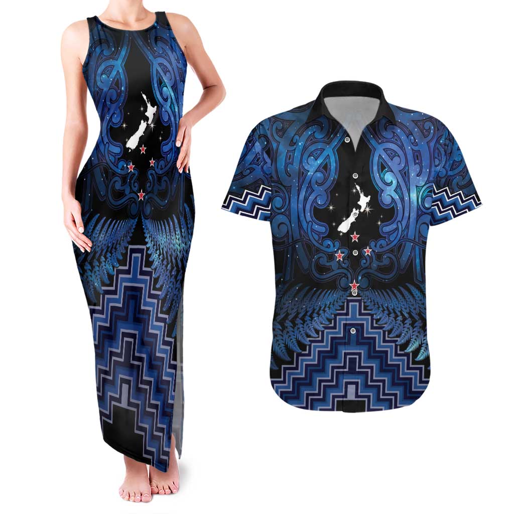 Personalised Aotearoa Matariki Couples Matching Tank Maxi Dress and Hawaiian Shirt Blue Fern Maori Poutama LT01 Blue - Polynesian Pride