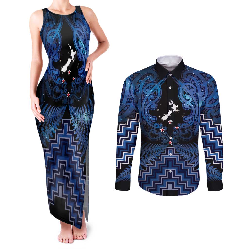 Personalised Aotearoa Matariki Couples Matching Tank Maxi Dress and Long Sleeve Button Shirt Blue Fern Maori Poutama LT01 Blue - Polynesian Pride