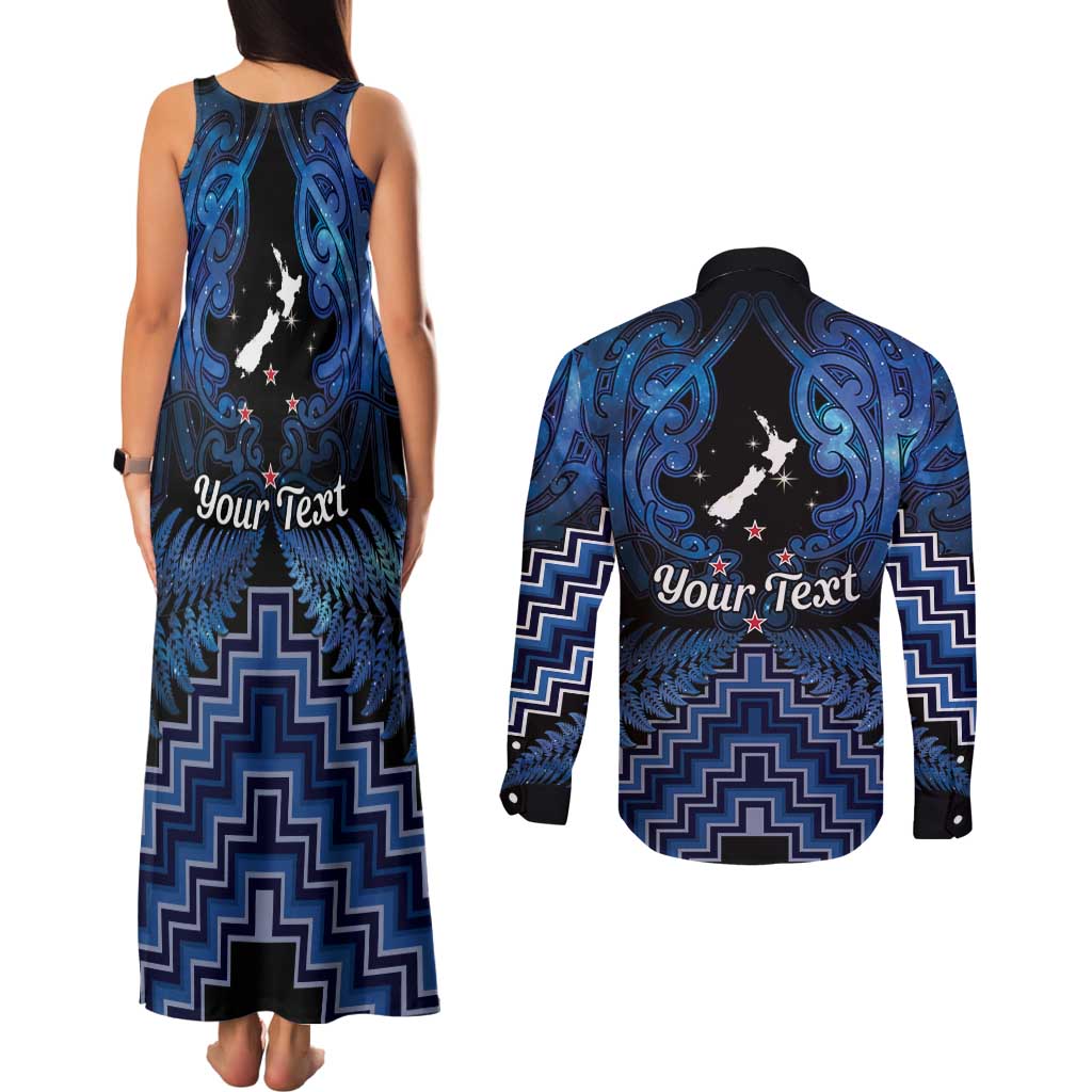 Personalised Aotearoa Matariki Couples Matching Tank Maxi Dress and Long Sleeve Button Shirt Blue Fern Maori Poutama LT01 - Polynesian Pride