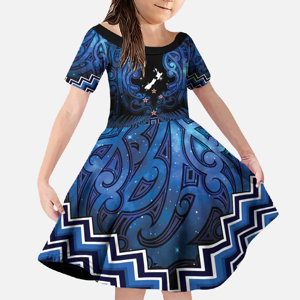 Personalised Aotearoa Matariki Family Matching Mermaid Dress and Hawaiian Shirt Blue Fern Maori Poutama LT01 Daughter's Dress Blue - Polynesian Pride