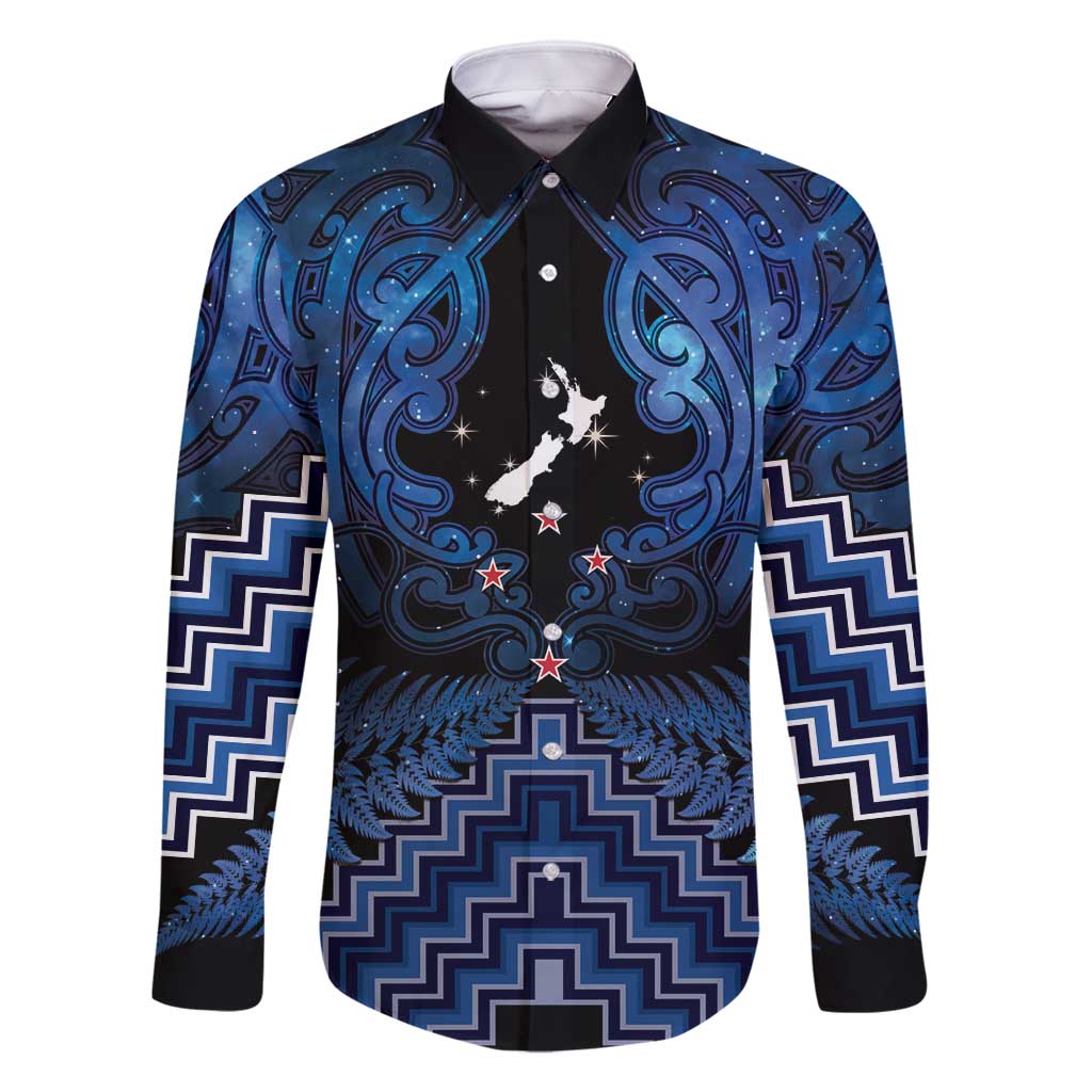 Personalised Aotearoa Matariki Family Matching Mermaid Dress and Hawaiian Shirt Blue Fern Maori Poutama LT01 Dad's Shirt - Long Sleeve Blue - Polynesian Pride