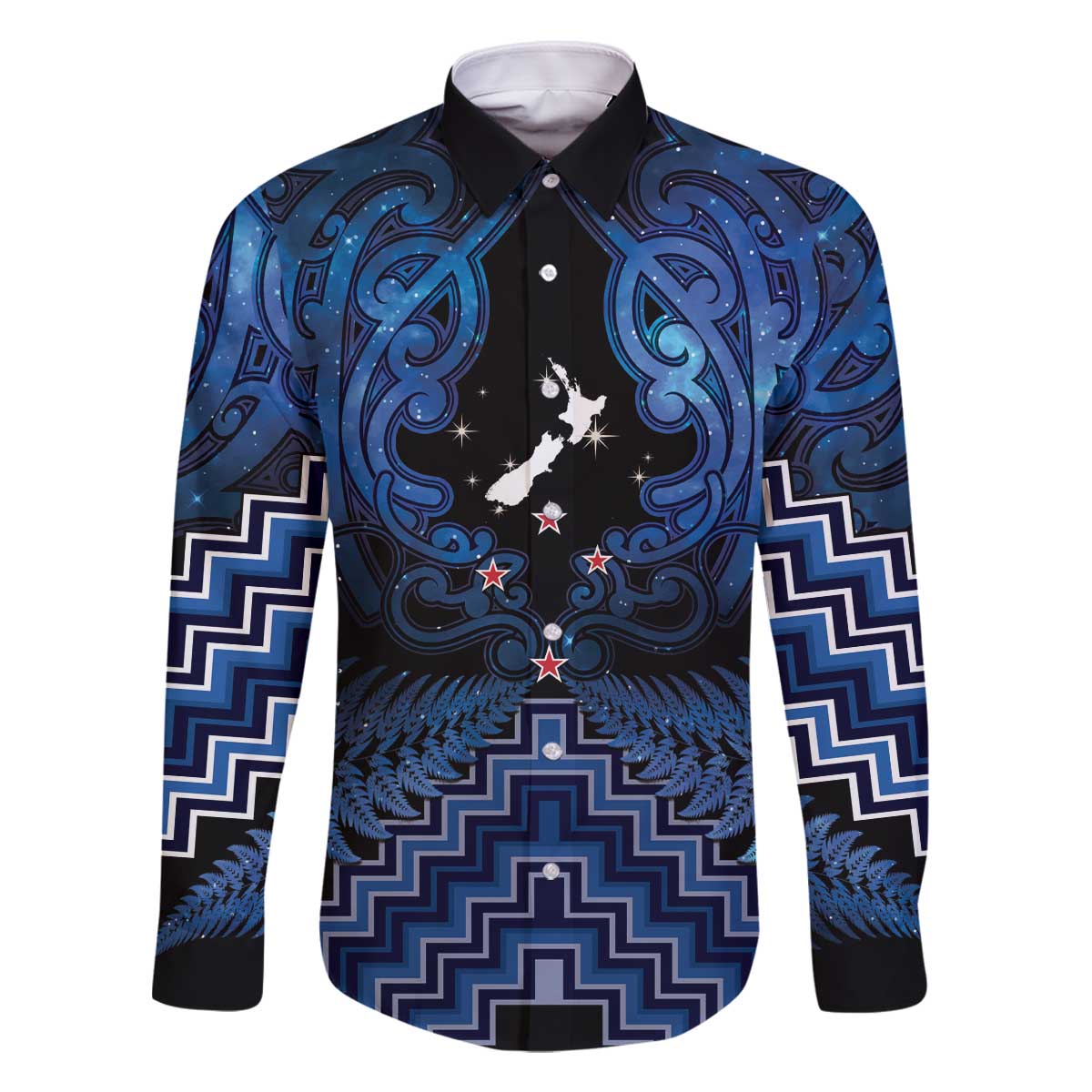 Personalised Aotearoa Matariki Family Matching Off The Shoulder Long Sleeve Dress and Hawaiian Shirt Blue Fern Maori Poutama LT01 Dad's Shirt - Long Sleeve Blue - Polynesian Pride