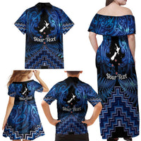 Personalised Aotearoa Matariki Family Matching Off Shoulder Maxi Dress and Hawaiian Shirt Blue Fern Maori Poutama LT01 - Polynesian Pride