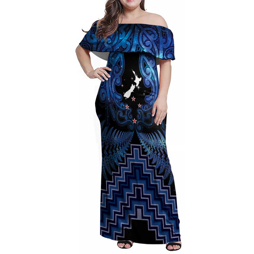Personalised Aotearoa Matariki Family Matching Off Shoulder Maxi Dress and Hawaiian Shirt Blue Fern Maori Poutama LT01 Mom's Dress Blue - Polynesian Pride