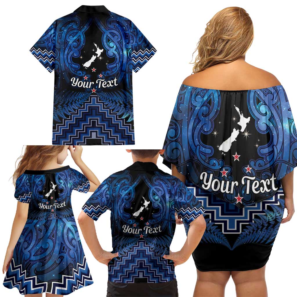 Personalised Aotearoa Matariki Family Matching Off Shoulder Short Dress and Hawaiian Shirt Blue Fern Maori Poutama LT01 - Polynesian Pride