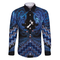 Personalised Aotearoa Matariki Family Matching Off Shoulder Short Dress and Hawaiian Shirt Blue Fern Maori Poutama LT01 Dad's Shirt - Long Sleeve Blue - Polynesian Pride