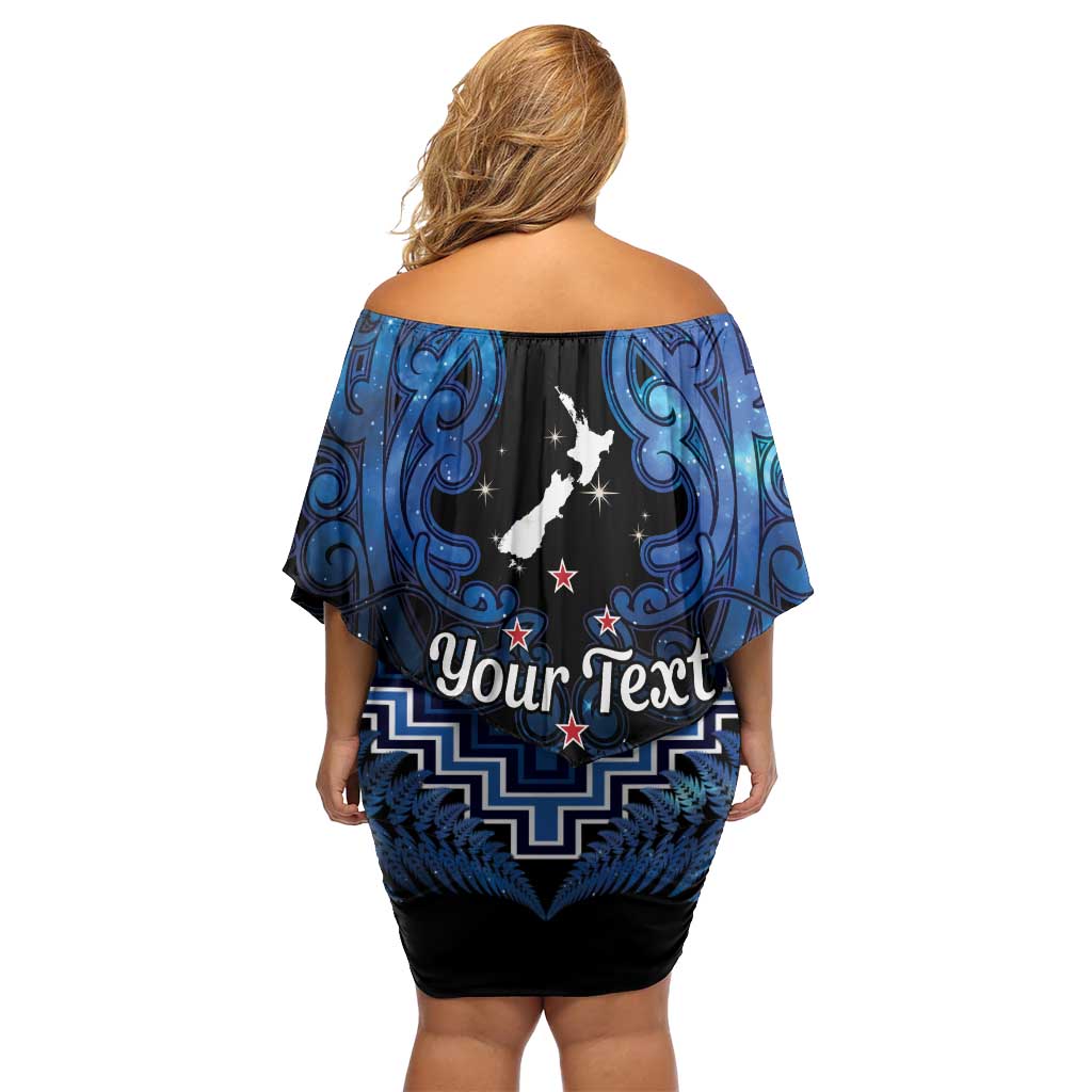 Personalised Aotearoa Matariki Family Matching Off Shoulder Short Dress and Hawaiian Shirt Blue Fern Maori Poutama LT01 - Polynesian Pride