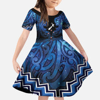 Personalised Aotearoa Matariki Family Matching Puletasi and Hawaiian Shirt Blue Fern Maori Poutama LT01 Daughter's Dress Blue - Polynesian Pride