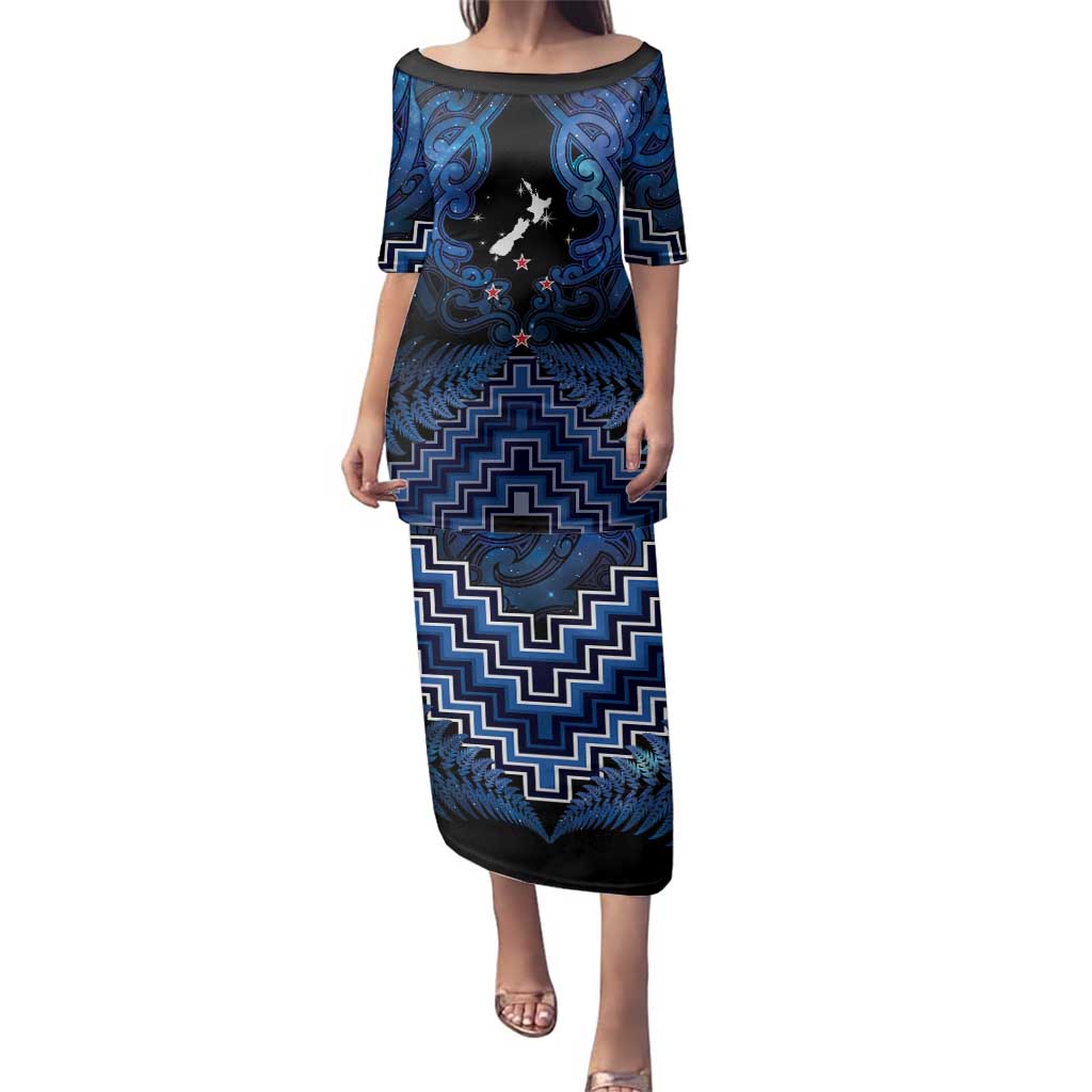 Personalised Aotearoa Matariki Family Matching Puletasi and Hawaiian Shirt Blue Fern Maori Poutama LT01 Mom's Dress Blue - Polynesian Pride