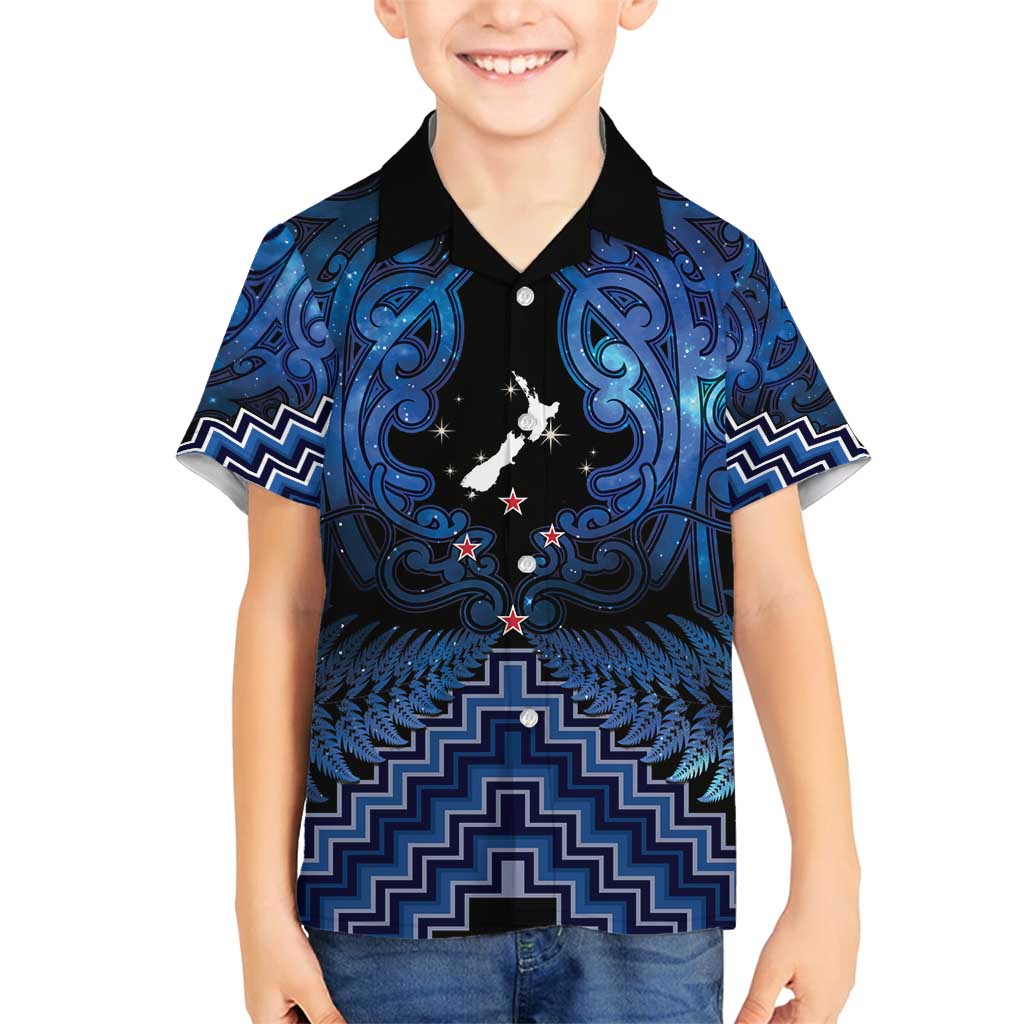 Personalised Aotearoa Matariki Family Matching Puletasi and Hawaiian Shirt Blue Fern Maori Poutama LT01 Son's Shirt Blue - Polynesian Pride