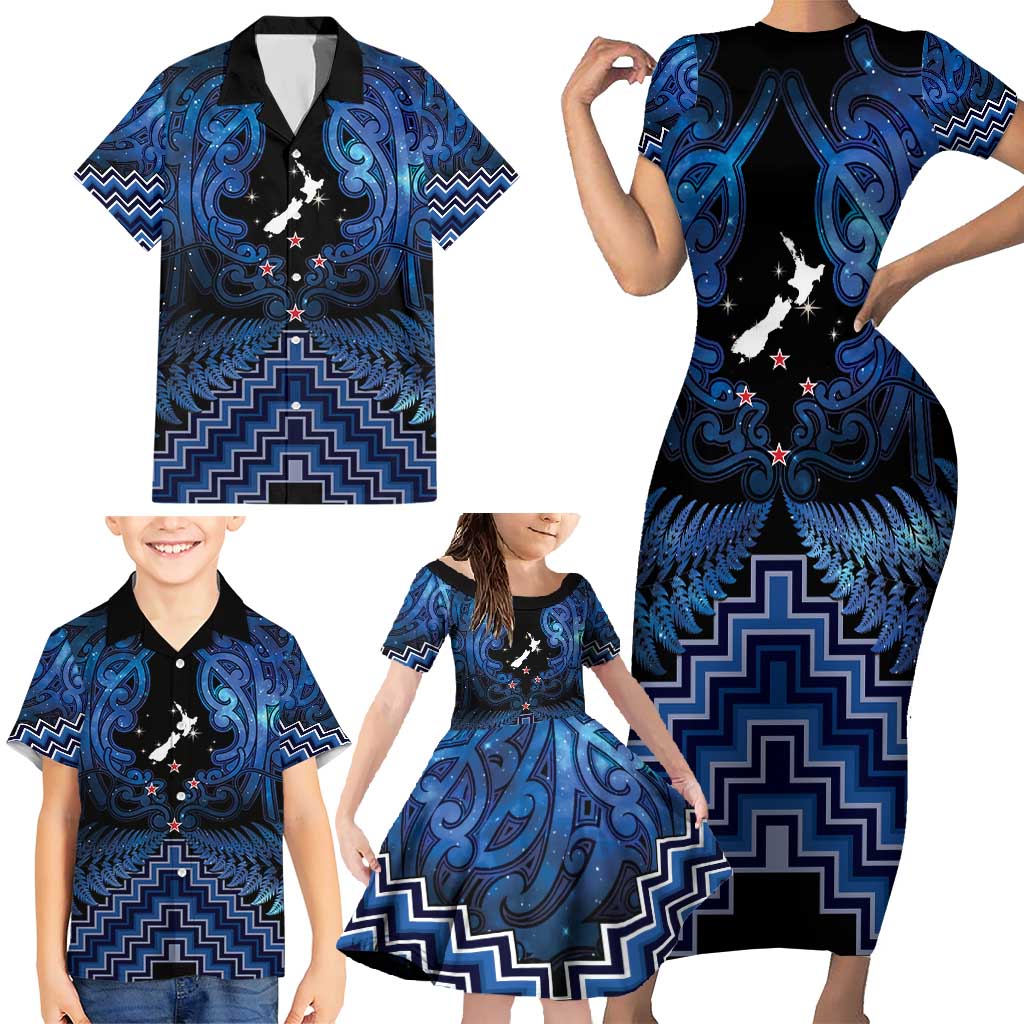 Personalised Aotearoa Matariki Family Matching Short Sleeve Bodycon Dress and Hawaiian Shirt Blue Fern Maori Poutama LT01 - Polynesian Pride
