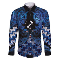 Personalised Aotearoa Matariki Family Matching Short Sleeve Bodycon Dress and Hawaiian Shirt Blue Fern Maori Poutama LT01 Dad's Shirt - Long Sleeve Blue - Polynesian Pride