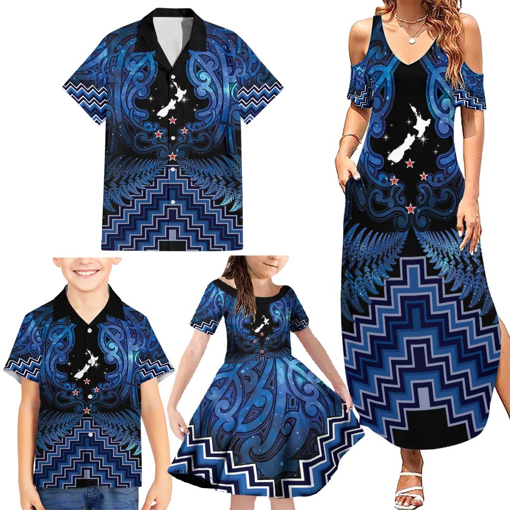 Personalised Aotearoa Matariki Family Matching Summer Maxi Dress and Hawaiian Shirt Blue Fern Maori Poutama LT01 - Polynesian Pride