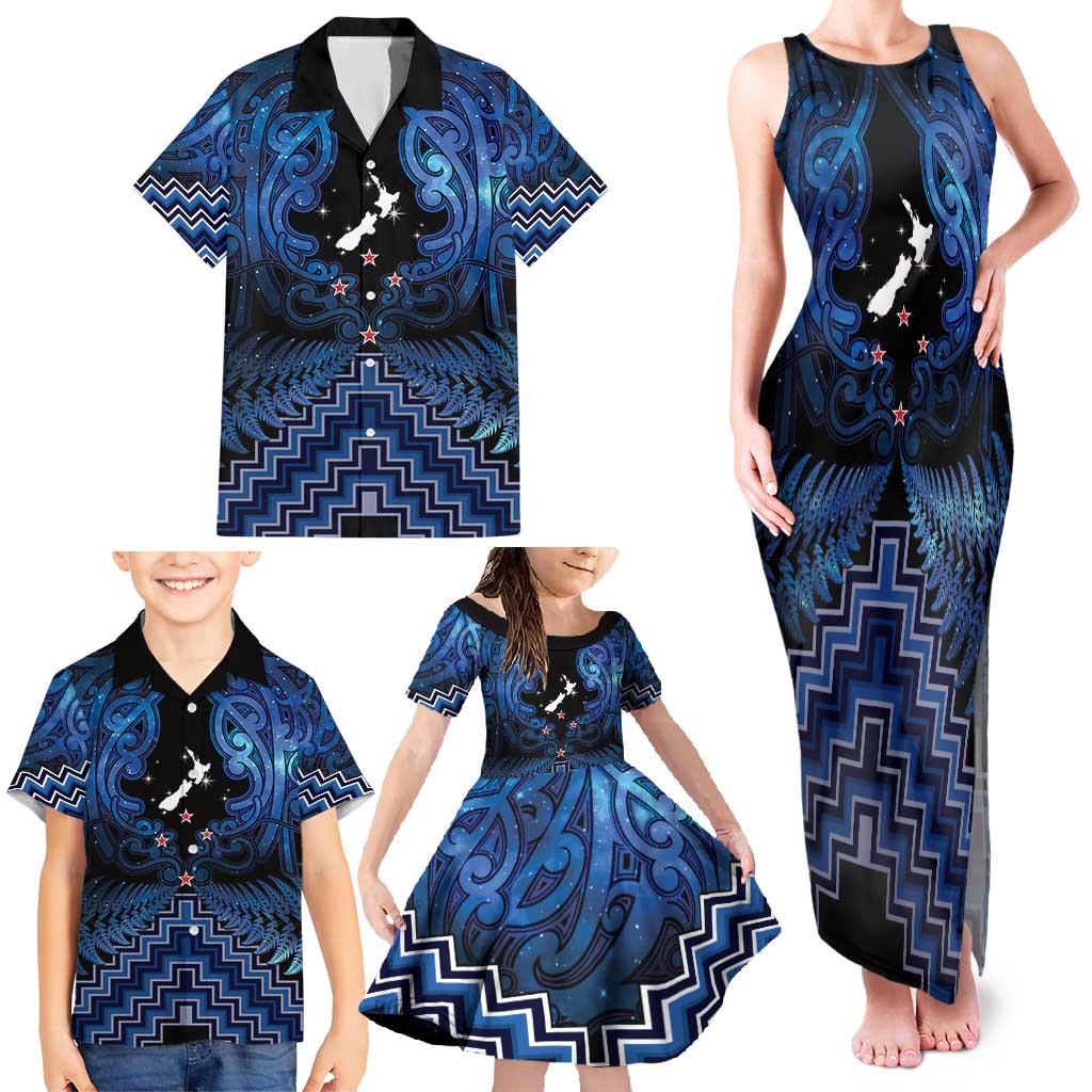Personalised Aotearoa Matariki Family Matching Tank Maxi Dress and Hawaiian Shirt Blue Fern Maori Poutama LT01 - Polynesian Pride