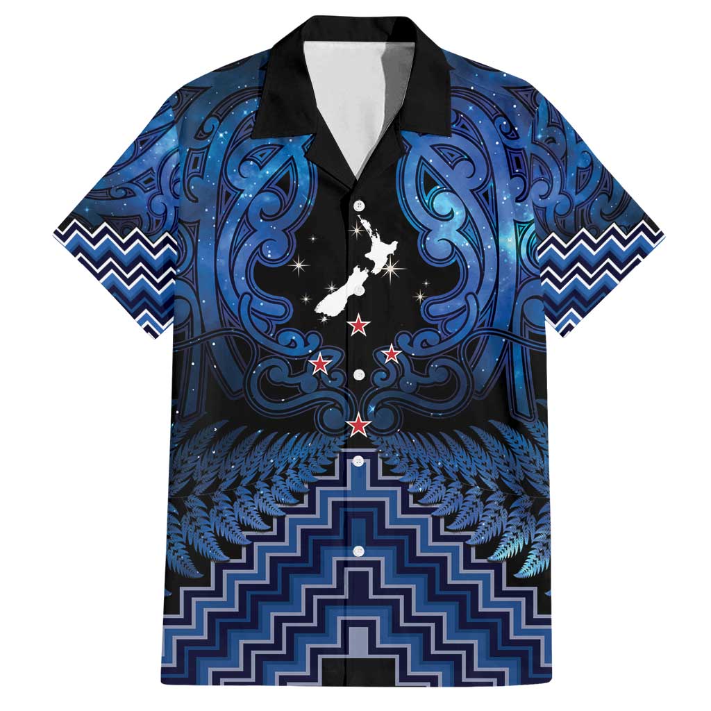 Personalised Aotearoa Matariki Family Matching Tank Maxi Dress and Hawaiian Shirt Blue Fern Maori Poutama LT01 Dad's Shirt - Short Sleeve Blue - Polynesian Pride