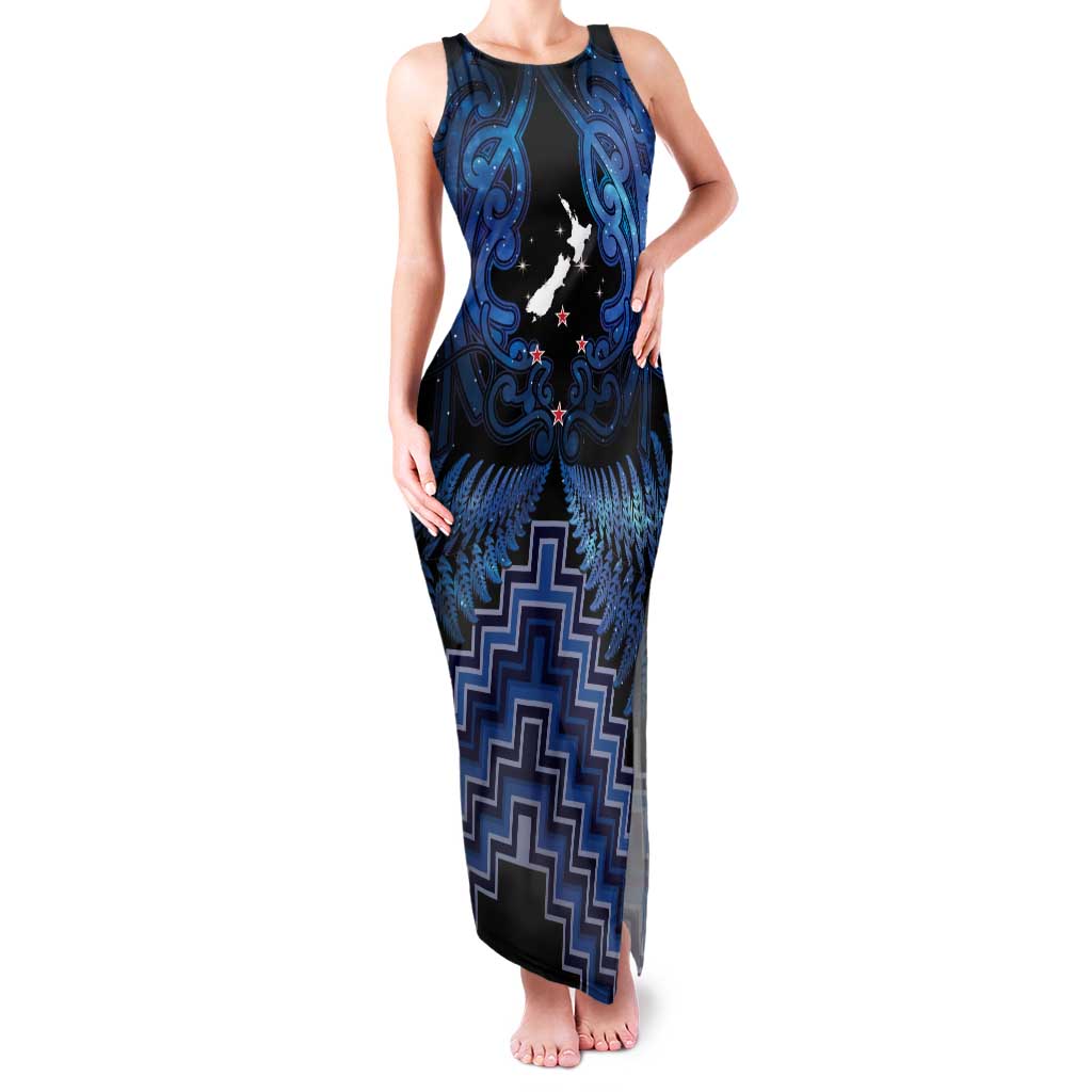 Personalised Aotearoa Matariki Family Matching Tank Maxi Dress and Hawaiian Shirt Blue Fern Maori Poutama LT01 Mom's Dress Blue - Polynesian Pride