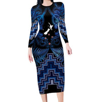 Personalised Aotearoa Matariki Long Sleeve Bodycon Dress Blue Fern Maori Poutama LT01 Long Dress Blue - Polynesian Pride