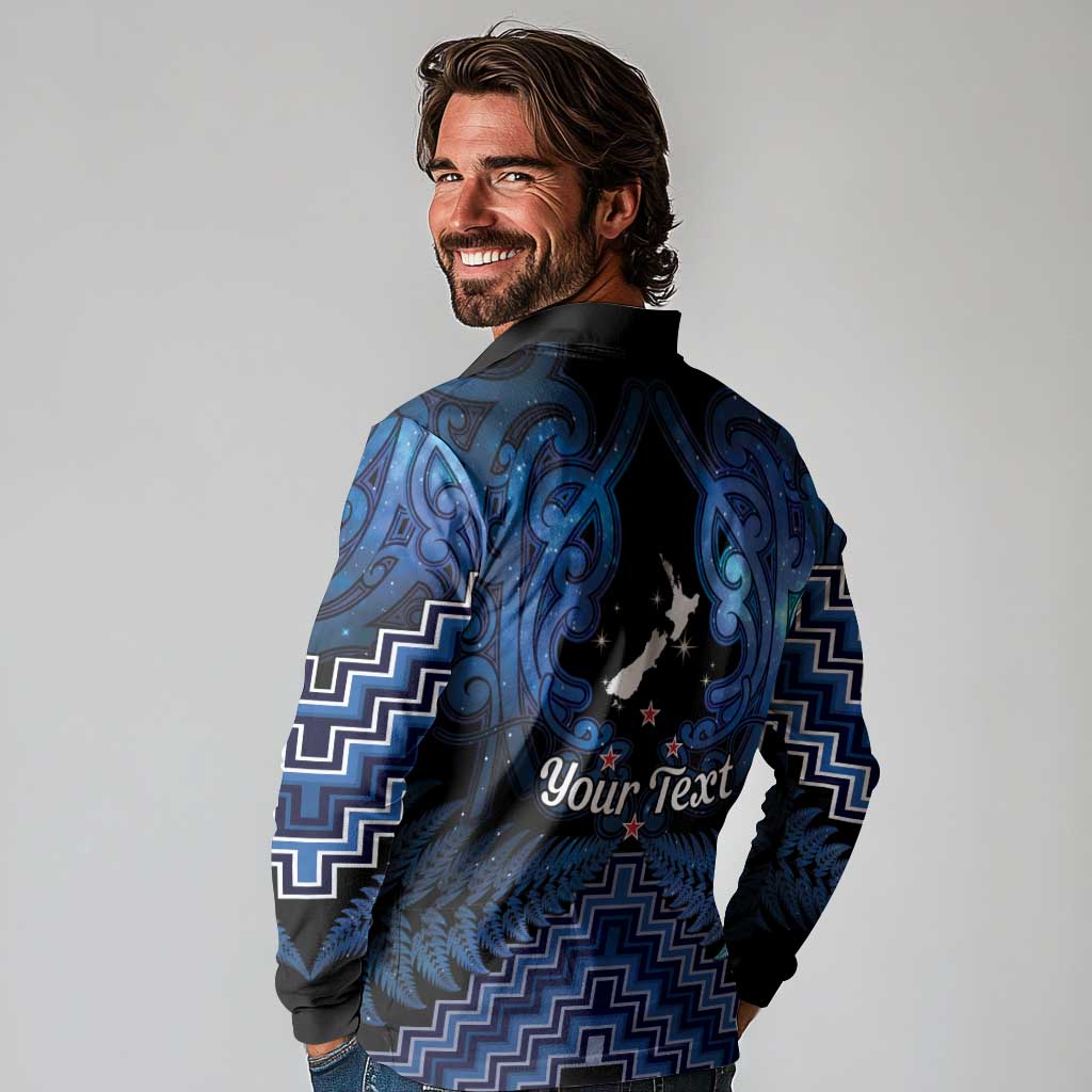 Personalised Aotearoa Matariki Long Sleeve Polo Shirt Blue Fern Maori Poutama