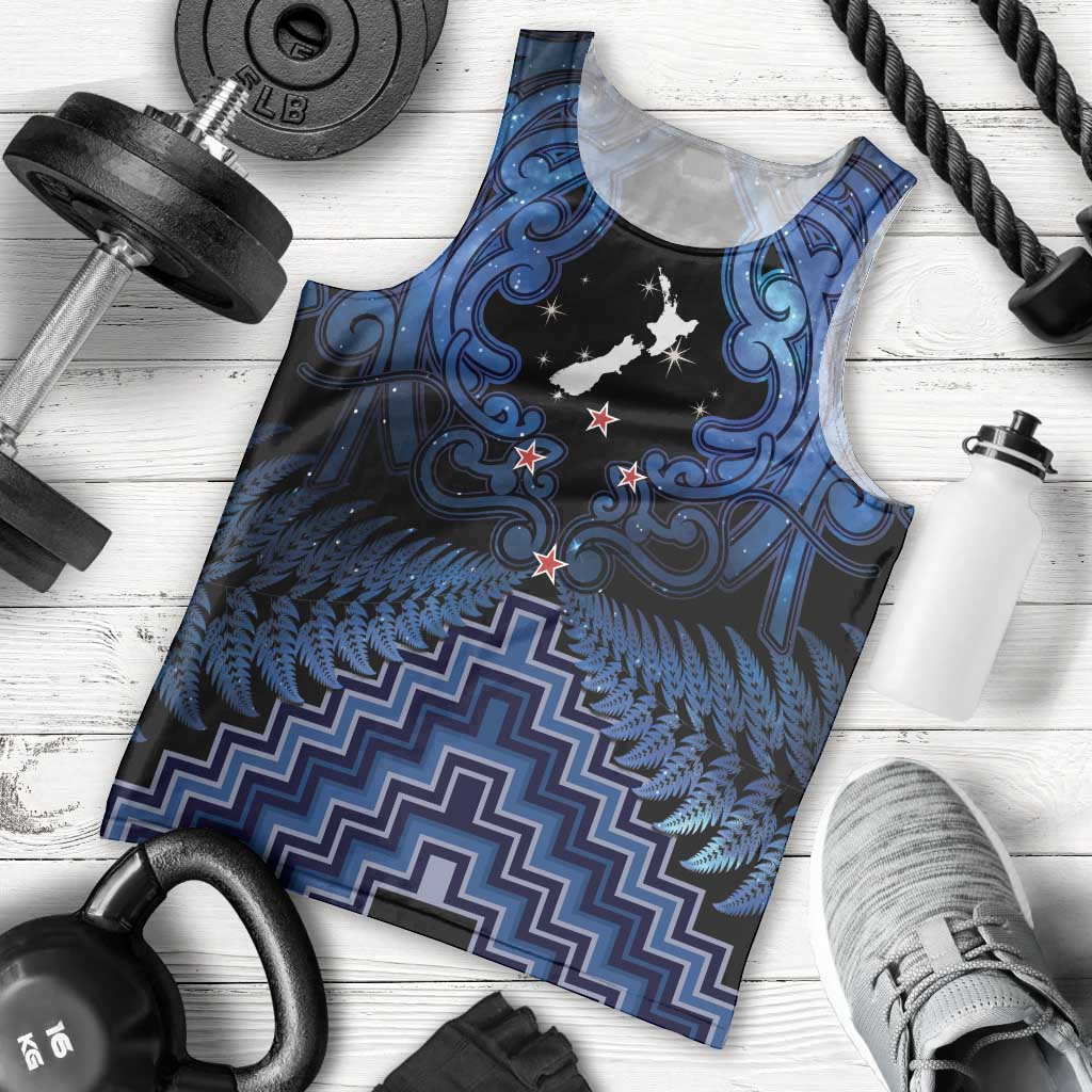 Personalised Aotearoa Matariki Men Tank Top Blue Fern Maori Poutama