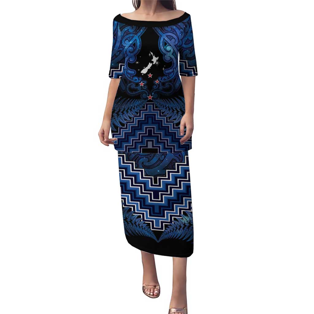 Personalised Aotearoa Matariki Puletasi Blue Fern Maori Poutama