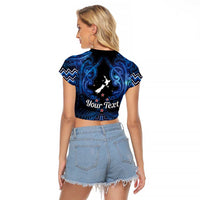 Personalised Aotearoa Matariki Raglan Cropped T Shirt Blue Fern Maori Poutama