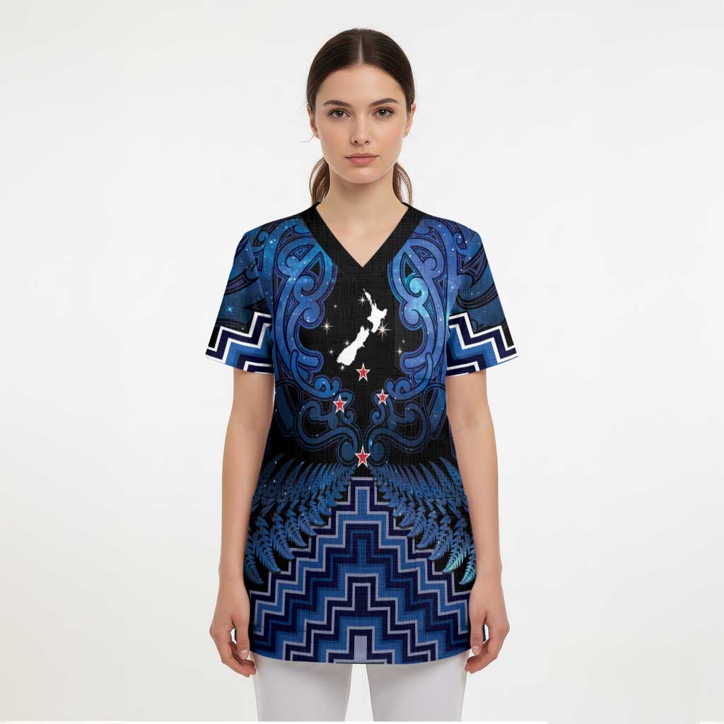 Personalised Aotearoa Matariki Scrub Top Blue Fern Maori Poutama - Polynesian Pride
