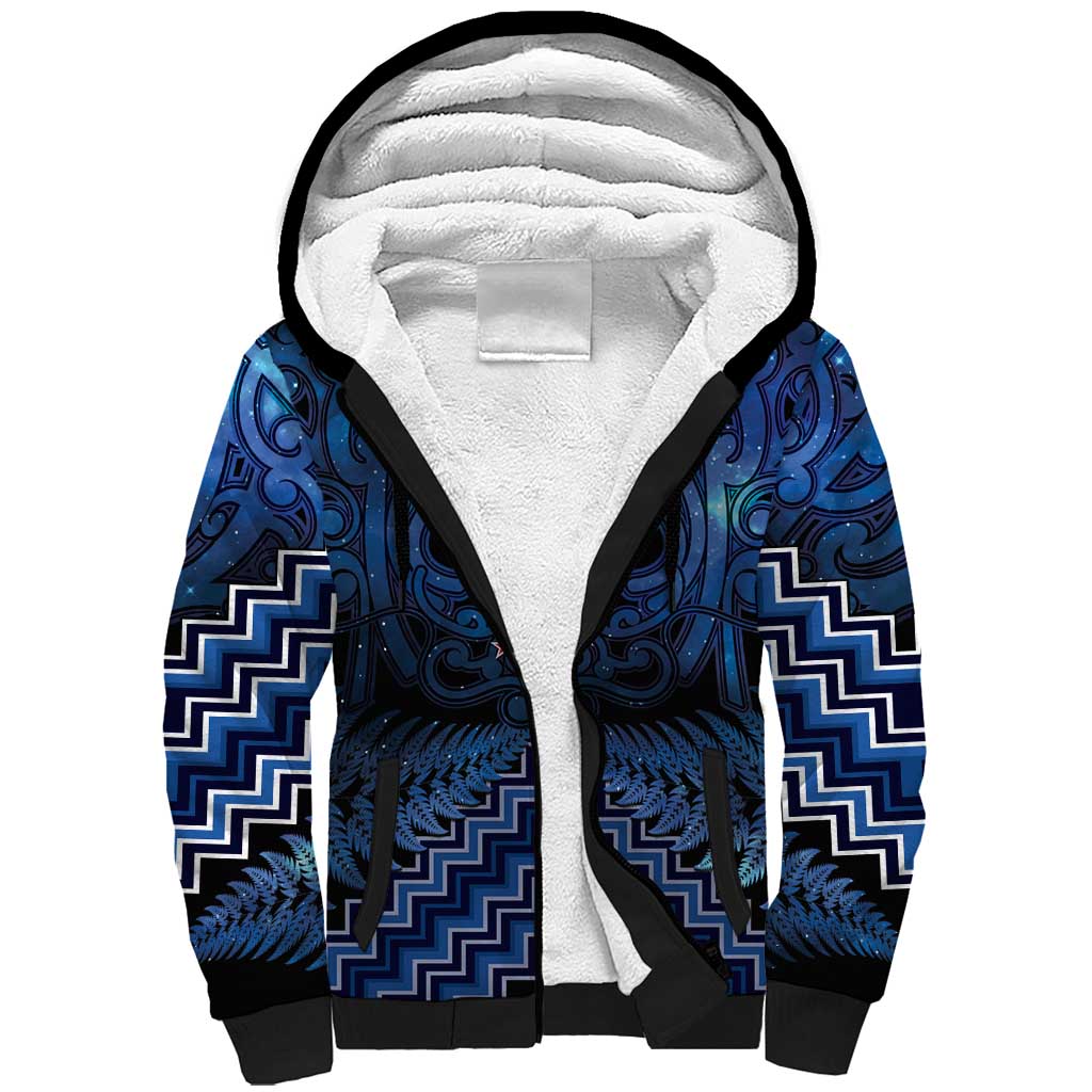 Personalised Aotearoa Matariki Sherpa Hoodie Blue Fern Maori Poutama