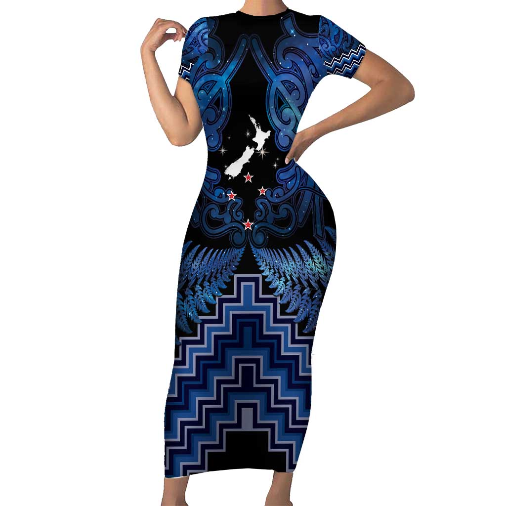 Personalised Aotearoa Matariki Short Sleeve Bodycon Dress Blue Fern Maori Poutama LT01 Long Dress Blue - Polynesian Pride