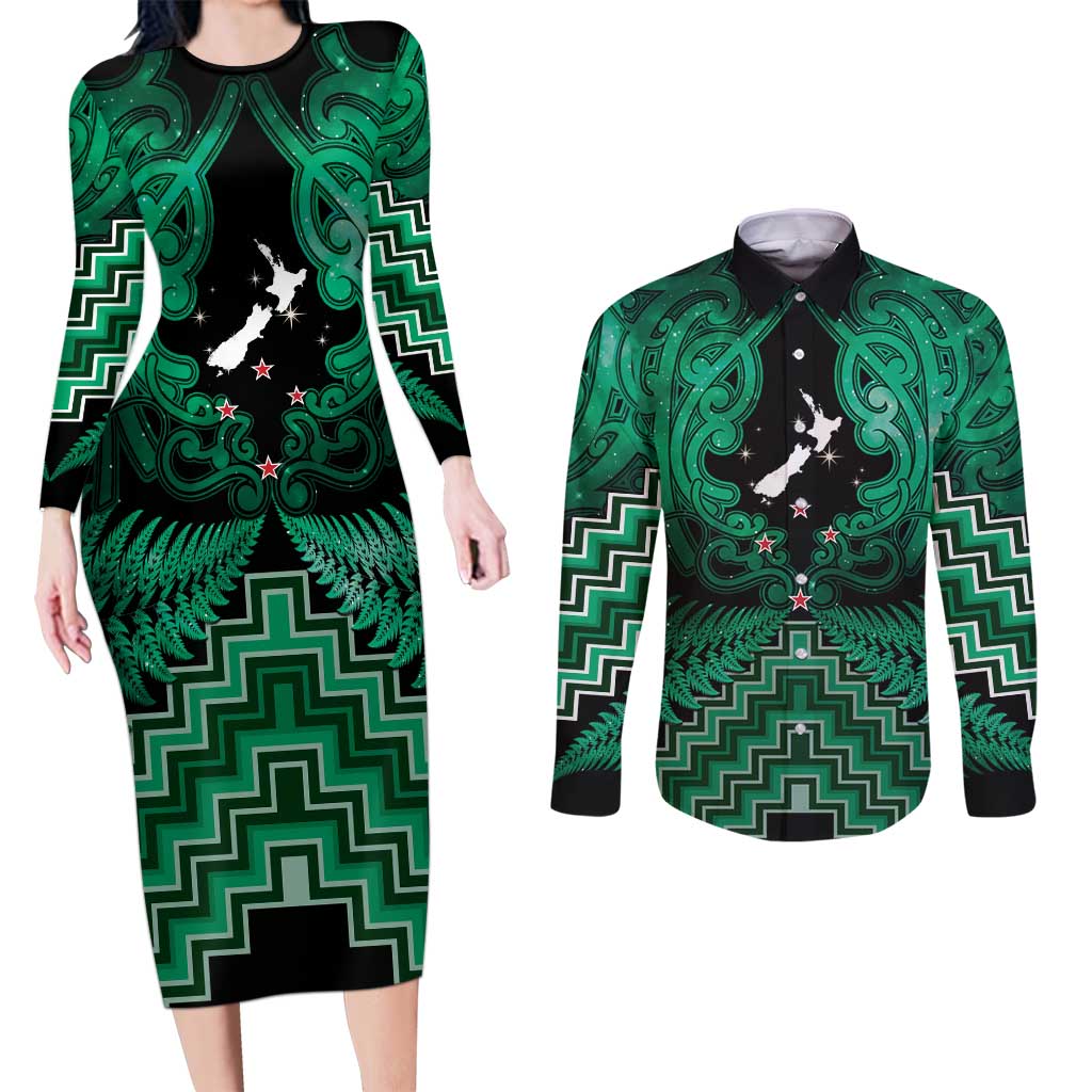Personalised Aotearoa Matariki Couples Matching Long Sleeve Bodycon Dress and Long Sleeve Button Shirt Green Fern Maori Poutama LT01 Green - Polynesian Pride