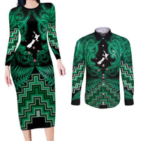 Personalised Aotearoa Matariki Couples Matching Long Sleeve Bodycon Dress and Long Sleeve Button Shirt Green Fern Maori Poutama LT01 Green - Polynesian Pride