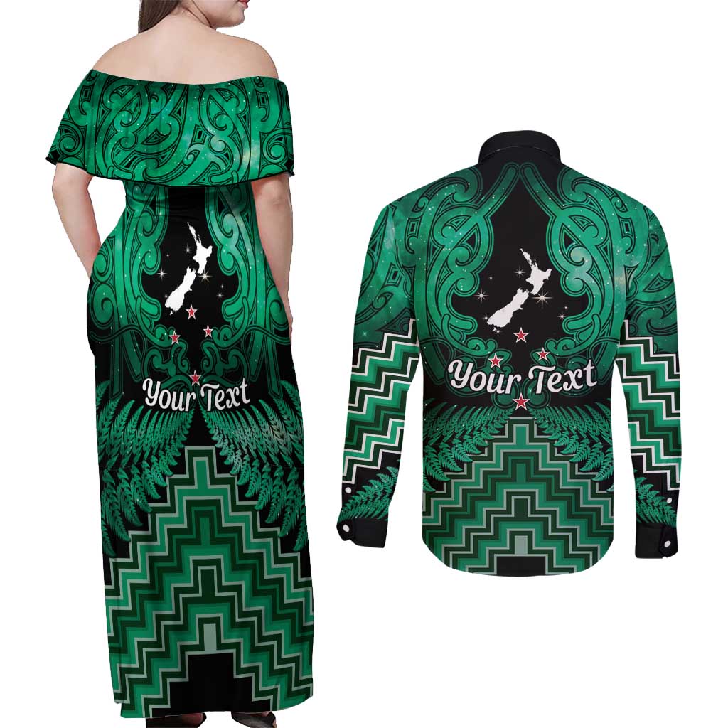 Personalised Aotearoa Matariki Couples Matching Off Shoulder Maxi Dress and Long Sleeve Button Shirt Green Fern Maori Poutama LT01 - Polynesian Pride