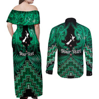 Personalised Aotearoa Matariki Couples Matching Off Shoulder Maxi Dress and Long Sleeve Button Shirt Green Fern Maori Poutama LT01 - Polynesian Pride