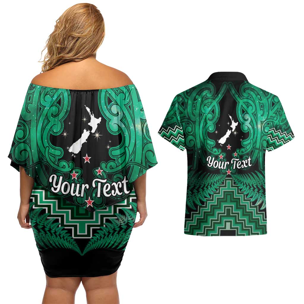 Personalised Aotearoa Matariki Couples Matching Off Shoulder Short Dress and Hawaiian Shirt Green Fern Maori Poutama LT01 - Polynesian Pride