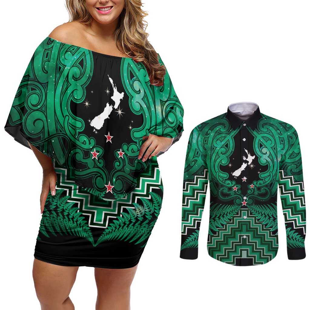 Personalised Aotearoa Matariki Couples Matching Off Shoulder Short Dress and Long Sleeve Button Shirt Green Fern Maori Poutama LT01 Green - Polynesian Pride