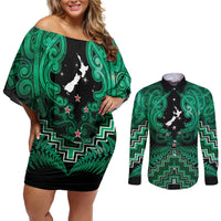 Personalised Aotearoa Matariki Couples Matching Off Shoulder Short Dress and Long Sleeve Button Shirt Green Fern Maori Poutama LT01 Green - Polynesian Pride