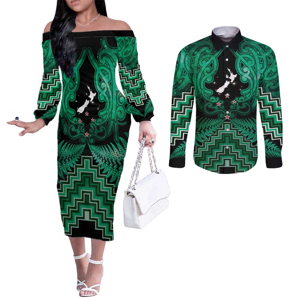 Personalised Aotearoa Matariki Couples Matching Off The Shoulder Long Sleeve Dress and Long Sleeve Button Shirt Green Fern Maori Poutama LT01 Green - Polynesian Pride