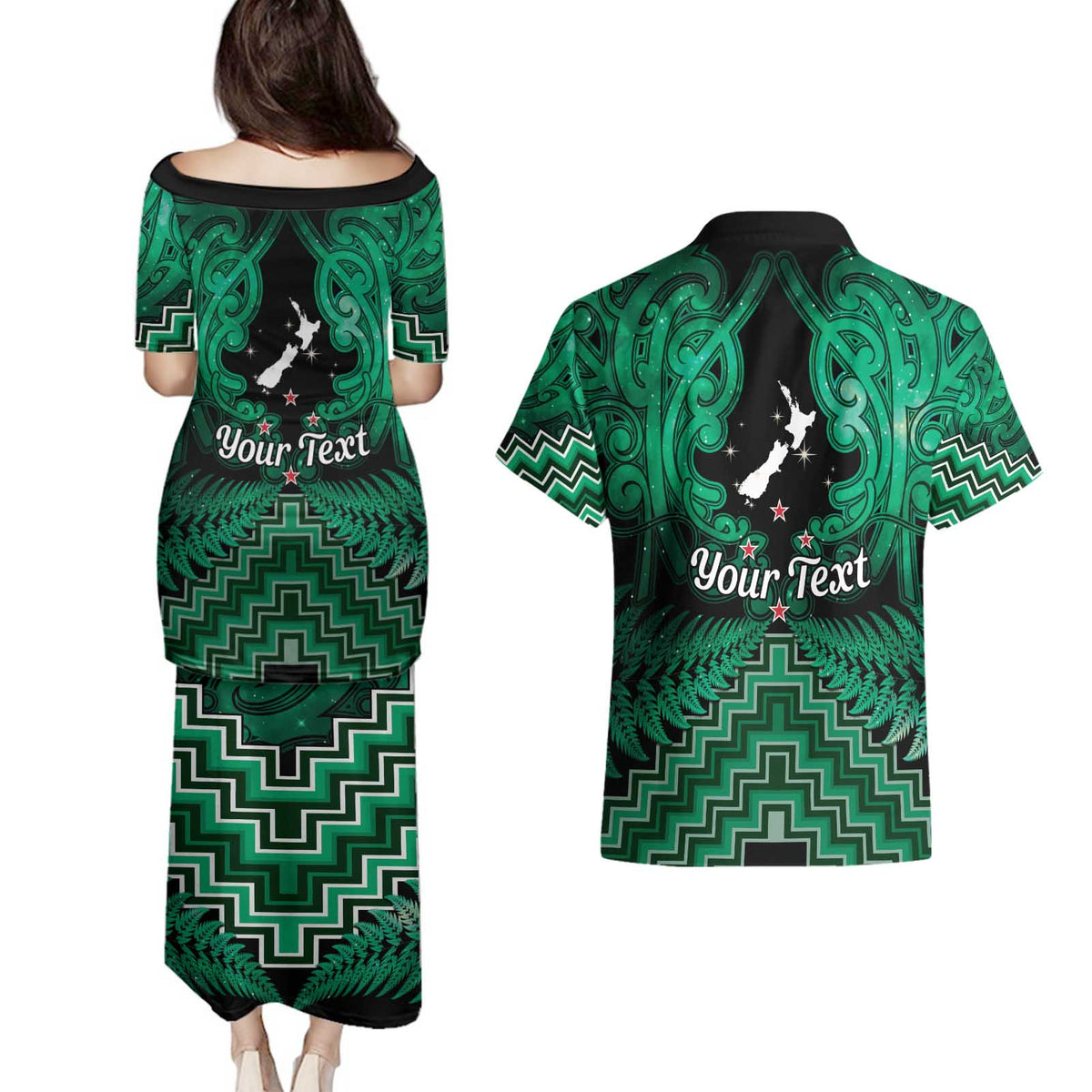 Personalised Aotearoa Matariki Couples Matching Puletasi and Hawaiian Shirt Green Fern Maori Poutama LT01 - Polynesian Pride