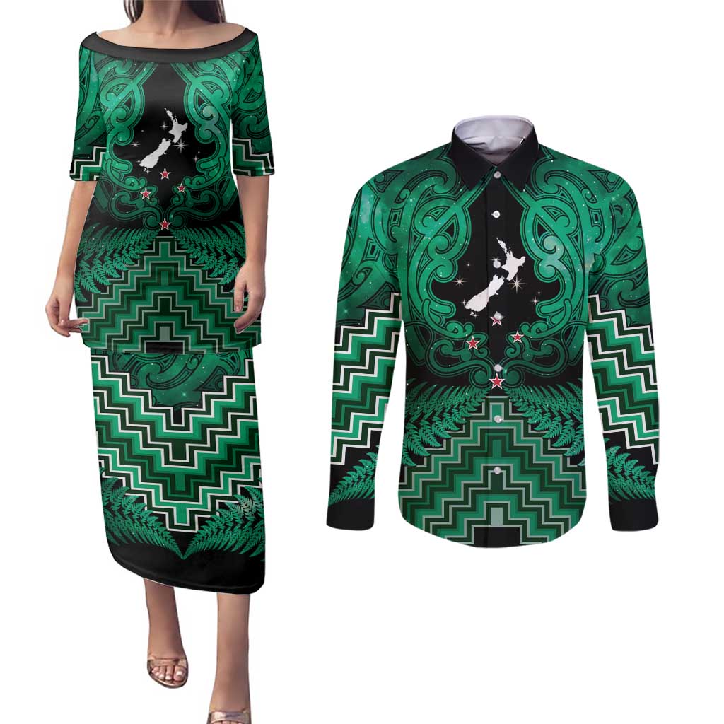 Personalised Aotearoa Matariki Couples Matching Puletasi and Long Sleeve Button Shirt Green Fern Maori Poutama LT01 Green - Polynesian Pride