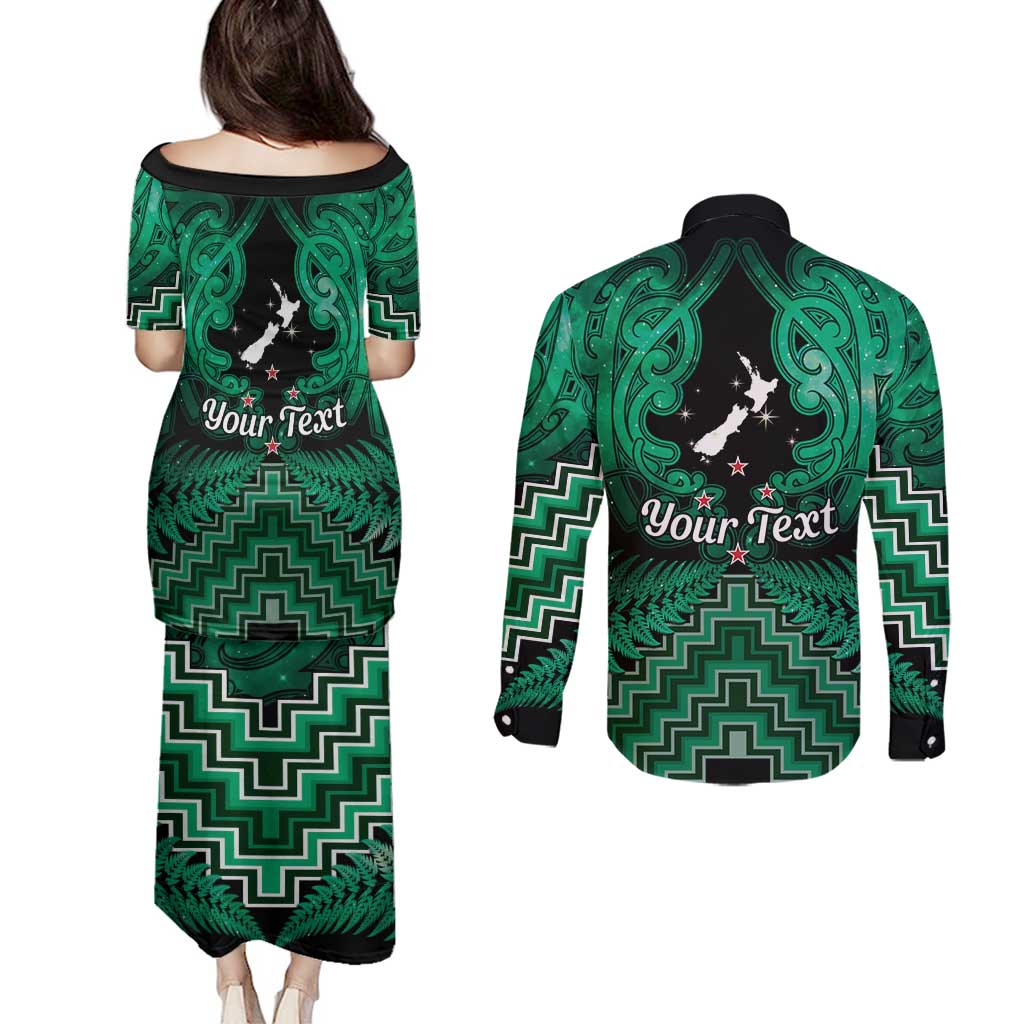 Personalised Aotearoa Matariki Couples Matching Puletasi and Long Sleeve Button Shirt Green Fern Maori Poutama LT01 - Polynesian Pride