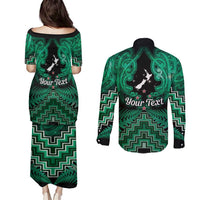 Personalised Aotearoa Matariki Couples Matching Puletasi and Long Sleeve Button Shirt Green Fern Maori Poutama LT01 - Polynesian Pride