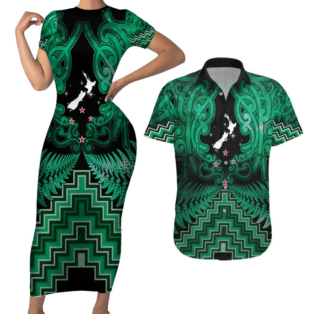 Personalised Aotearoa Matariki Couples Matching Short Sleeve Bodycon Dress and Hawaiian Shirt Green Fern Maori Poutama LT01 Green - Polynesian Pride